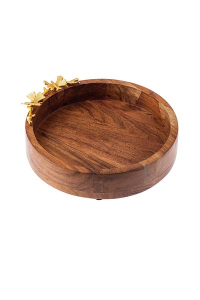 Dania Round serving dish made of beech wood with multi-use golden butterfly decor