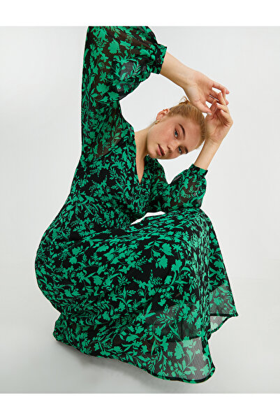 Koton Φόρεμα σιφόν μίντι μακρύ μανίκι με λαιμόκοψη V