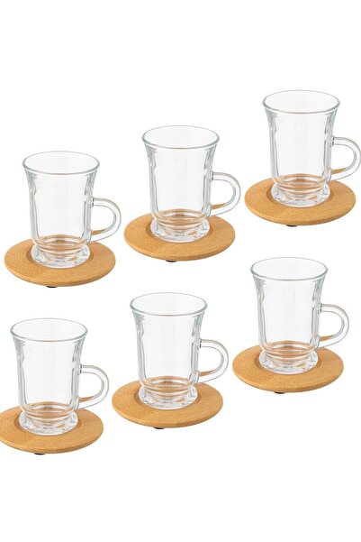 Dania طقم شاي زجاجي مع صحون شاي خشبية منحوتة