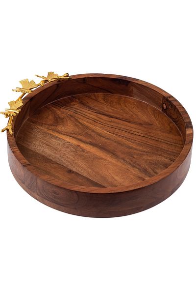 Dania Round serving dish made of beech wood with multi-use golden butterfly decor