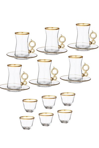 Byblos Tea Set With Saucers And Saudi Coffee Made Of Turkish Glass With Golden Calligraphy