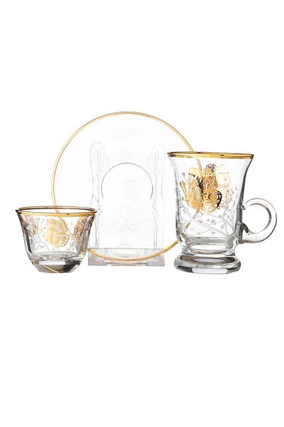 Byblos Tea set with saucers and Saudi coffee made of Turkish glass with golden decor