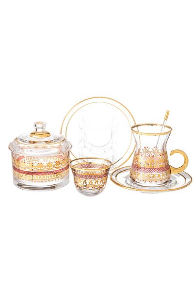Byblos Turkish coffee And Tea Set 25 pcs 6 Tea Cups + 6 Tea Saucers + 6  Coffee Cups + 6 Spoons + 1 Bowl