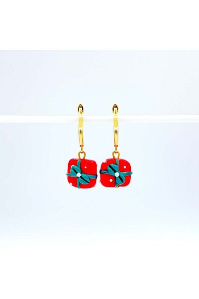Polonezköy Cam Sanat Merkezi Red Green Christmas Themed Murano Glass Jewelry - Gift Package Earrings
