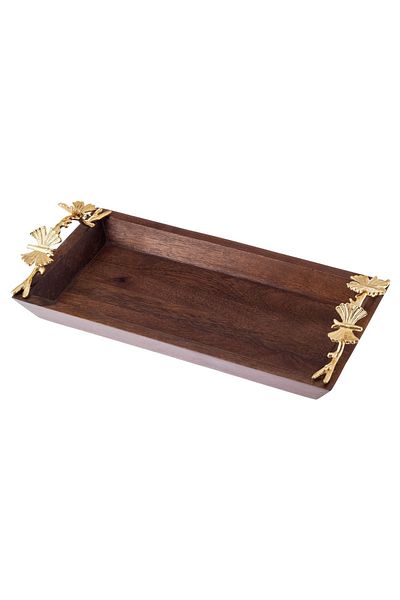 Dania Rectangular wood tray with butterfly decor metal handle
