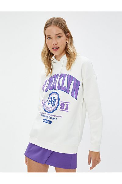 Koton Hooded Sweatshirt College Printed Ribbed Long Sleeve