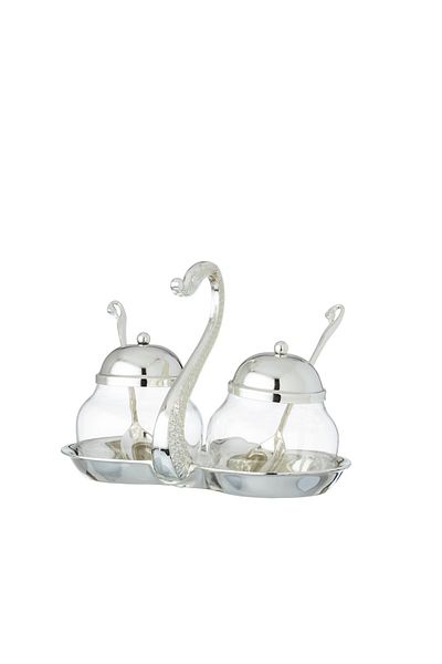 Dania Double Glass Sugar Bowl With Silver Metal Swan Decorative Holder + Metal Spoon