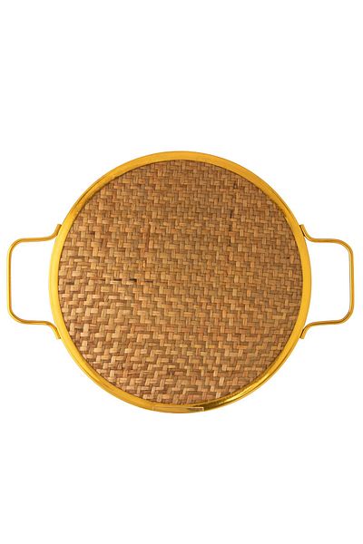 Dania A round porcelain tray with two handles and an iron frame
