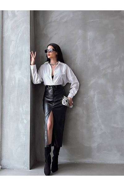 Lady Pixie Fusta midi cu fante din piele