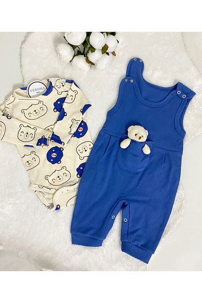 VERONA TARZ 2-Piece Cotton Salopet Set for Baby Boy - Long Sleeve, Snap Fastener Newborn Outfit