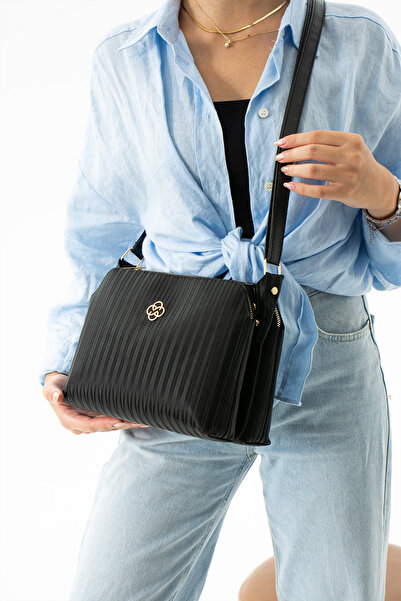 mugalas Якісна сумка з веганської шкіри в чорну смужку з регульованим плечовим ременем