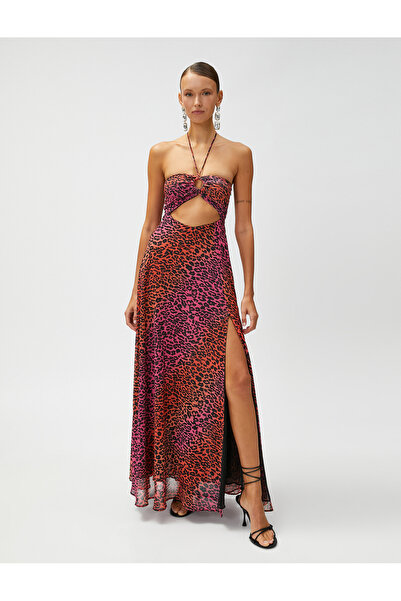 Koton Leopard Patterned Window Detailed Dress with Metal Tie Neck