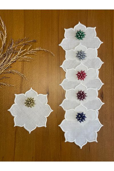 Smiling Home 6 Pieces of Linen Ecru Color Star Pattern Stylish Colored Pearls Cocktail Presentation Napkins