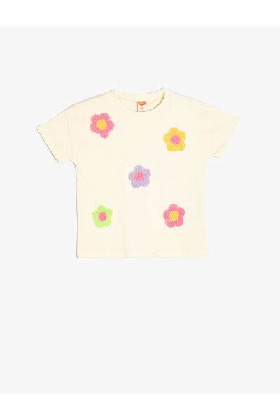 Koton Cotton Floral Applique Short Sleeve Crew Neck T-Shirt