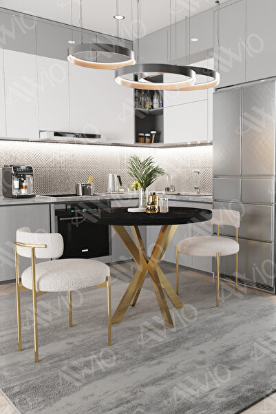 AVVİO Lena Serisi Teddy Sandalye 90X90 Yuvarlak Yemek Masası Mutfak Masası 2 Kişilik Masa Sandalye Takımı