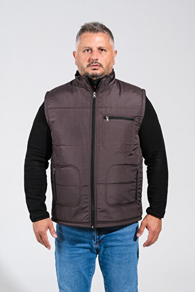 Derin Mavi Winter Father's Vest with Thick Fleece Inside with Multi-Pocket Zi...