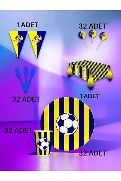 VibeHome Yellow Navy Blue Fan Premium Set for 32 - Birthday Party and Fun Events