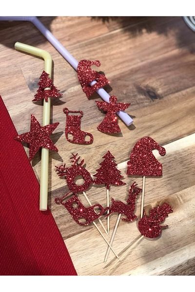 Masalsı Concept New Year's Christmas Figures Mixed Pattern 10Pcs Toothpicks 10Pcs Glitter Eva Pipette Ornament