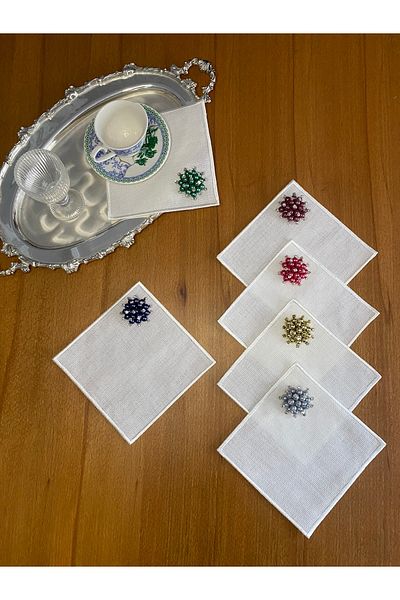 Smiling Home 6 Pieces Linen Ecru Color Square Colored Cocktail Presentation Napkins with Pearls