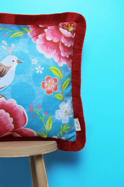 Alseko Concept Husă de pernă pătrată cu ciucuri roșii, model cu tema păsări albastre 43x43cm
