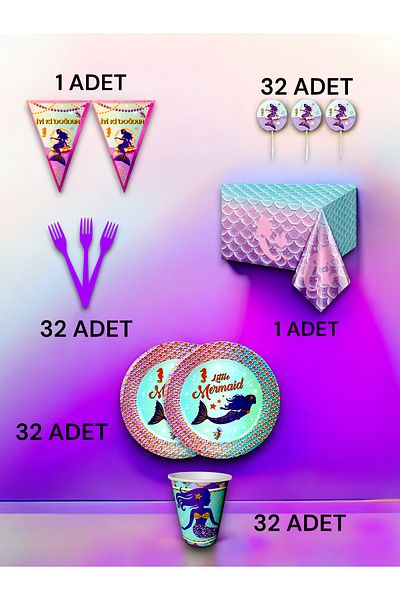 VibeHome Mermaid Themed Premium Set for 32 - Birthday Party and Fun Events