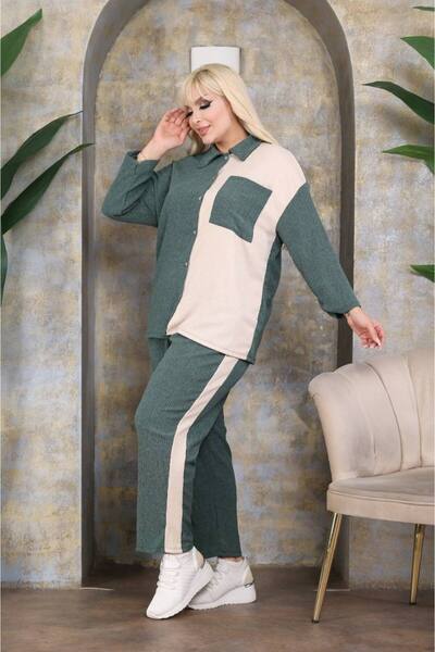 garajmood Khaki Shirt & Pants Women's Plus Size Double Color Pocket Bottom Top Set