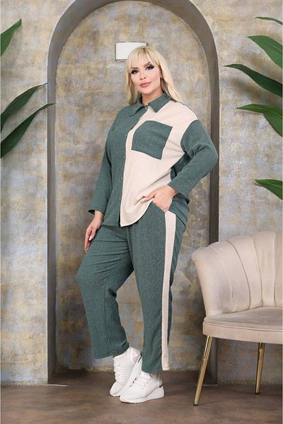 garajmood طقم قميص وسروال كاكي نسائي مقاس كبير بجيب مزدوج اللون