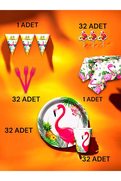 VibeHome Flamingo Themed Premium Set for 32 - Birthday Party and Fun Events