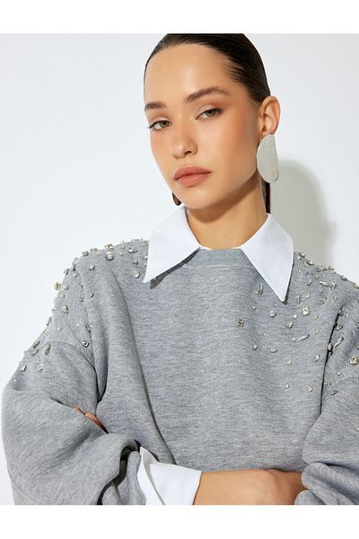 Koton Three Thread Raised Long Sleeve Crew Neck Rhinestone Oversize Sweatshirt