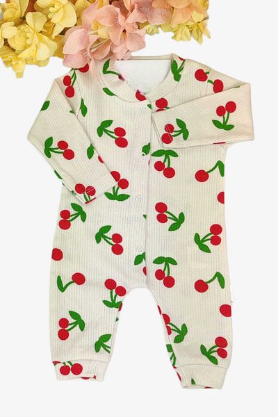dinamik çocuk Baby Girl Big Cherry Report Printed Baby Romper with Ribbed Snaps Newborn 100% Cotton 1-3-6 Months