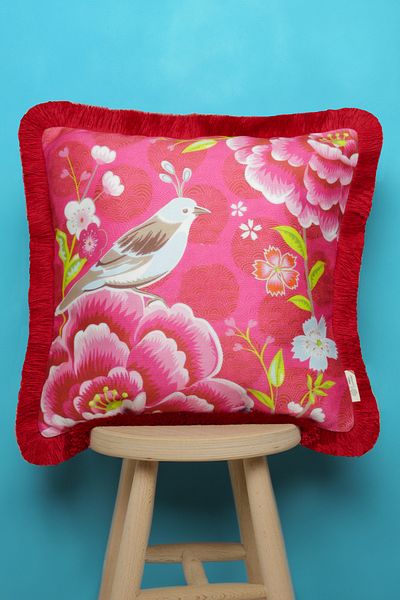 Alseko Concept Husă de pernă pătrată cu ciucuri roșii, model cu tema păsări roz 43x43cm