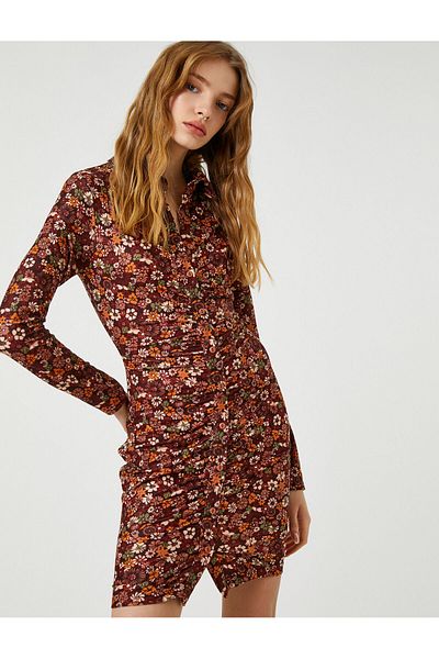 Koton Floral χειμωνιάτικο πουκάμισο φόρεμα γιακάς με μακρυμάνικο λεπτή εφαρμογή