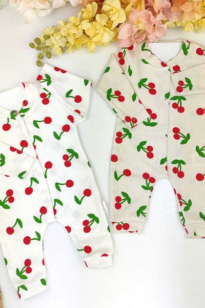 dinamik çocuk 2-Piece Set for Baby Girls - Large Cherry, Report Print Ribbed Romper, 100% Cotton, 1-3-6 Months