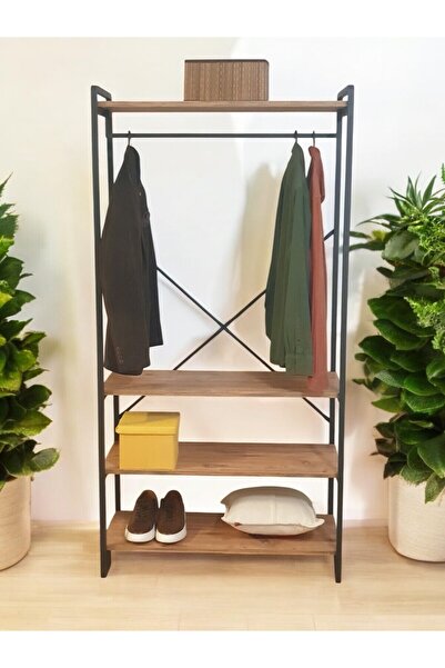 Bye Concept More DEKORATİF METAL GARDIROP ÇAM RENK AHŞAP RAFLI ELBİSE DOLABI ...