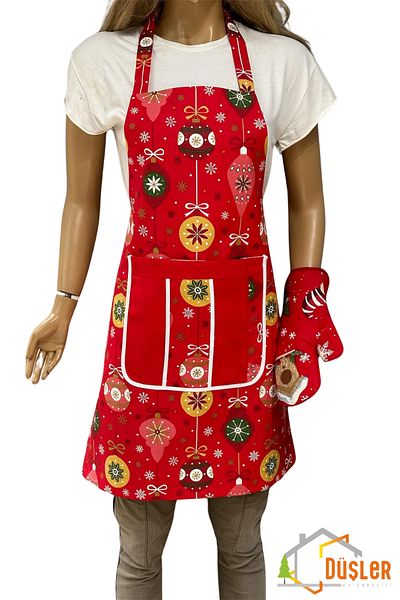 DÜŞLER EV TEKSTİLİ Red Christmas Gift Bow Patterned Kitchen Apron with Pockets