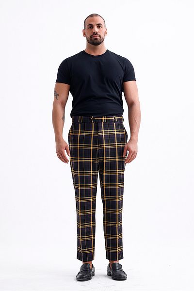 Koch London Men's Yellow Striped Plaid Print Oversize Pants - Modern and Stylish Design