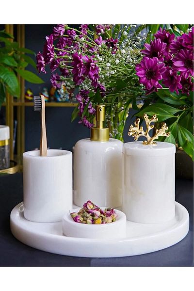 mar&more 5-Piece Rollin White Marble Bathroom Set - Gold Coral