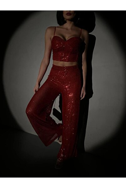 novalook Kırmızı Crop Bluz Pantolon Pul Payetli Takım