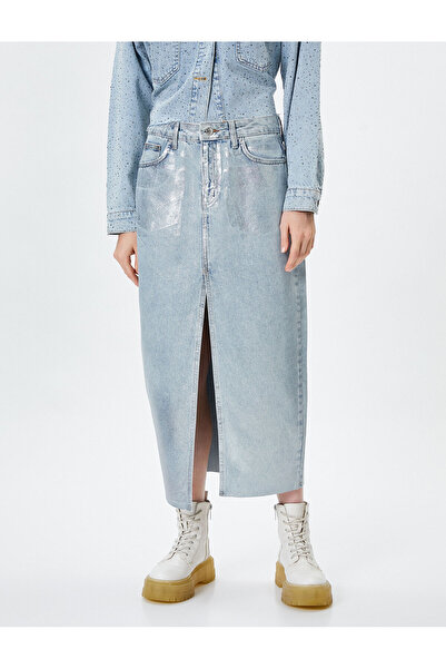 Koton Midi Kot Etek Önden Yırtmaçlı Yüksek Bel Varaklı Metalik Parlak Baskılı Cepli