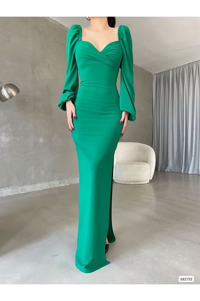 Trendusfashion Crepe Fabric Long Balloon Sleeve Slit Evening Dress