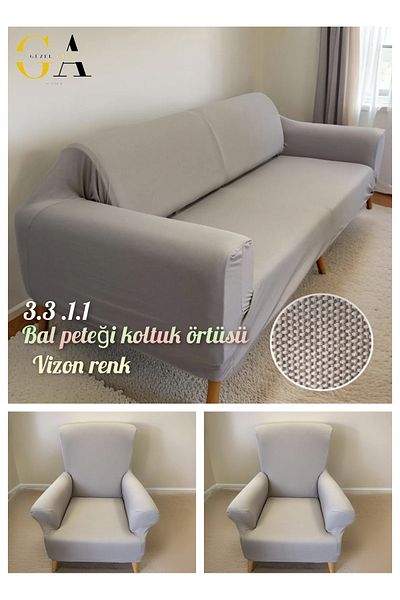 Güzel Aral Mink Colored 3.3.1.1 Honeycomb Patterned Sofa Cover