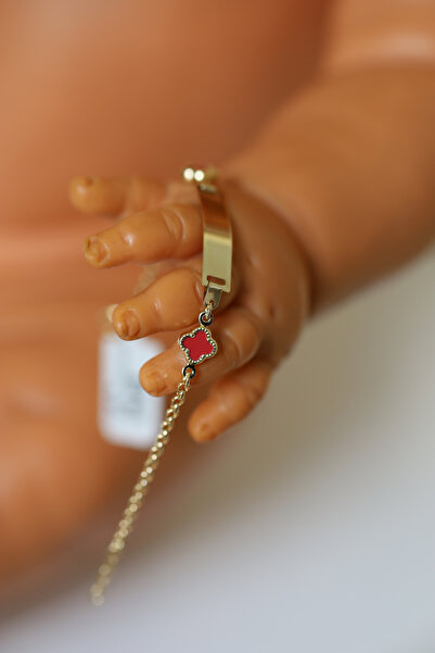 Yenigün Kuyumculuk 14 Ayar Altın Kırmızı Yonca Detaylı Çocuk Künyesi