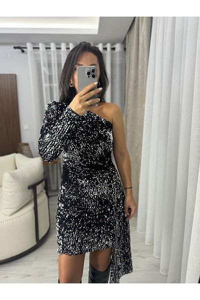 caddstore Silver Sequined One Shoulder Dress