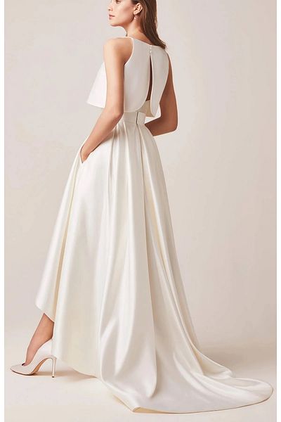 NSMLİFE Women's Ekru Asymmetrical Pocket Minimalist Wedding Wedding Skirt Simple Stylish Satin Skirt