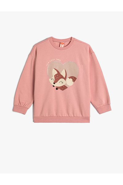 Koton Mikina Fox Print Detailed Long Sleeve Crew Crew Neck Raised Cotton