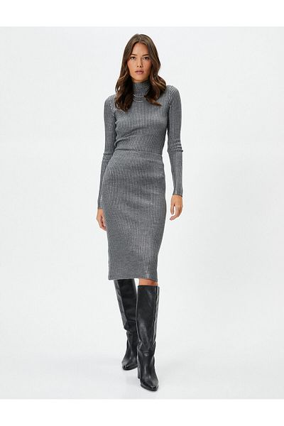 Koton Metallic Midi Knitwear Skirt Ribbed Normal Waist
