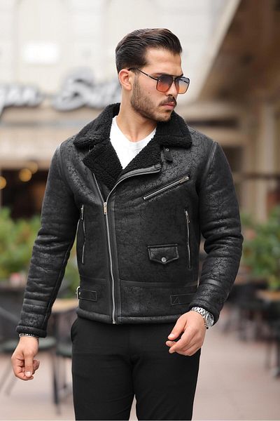 PRİFALDİ Prifaldi Μαύρο Ανδρικό Δερμάτινο Napa - Vintage, Oversize, Διαγώνιος Γιακάς, Ολόσωμο Γούνινο Παλτό