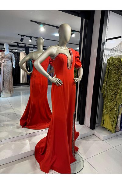 Robes Γυναικείο βραδινό φόρεμα με μονό μανίκι με μαργαριτάρια και πέτρα με λεπτομέρεια κομψό σχέδιο