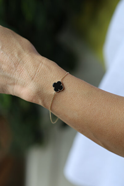 Yenigün Kuyumculuk 14 Ayar Altın Onix Taşlı (Siyah) Tekli Yonca Bileklik