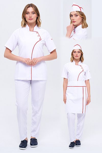 TIPTEKS Comfort Women's White Chef Jacket, Cap and Waist Apron - Red Piping / White Pants Set of Four